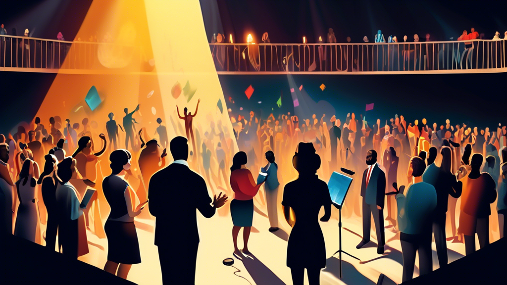 A vivid illustration showing a diverse group of people showcasing different artistic and career talents such as painting, singing, and acting, all standing under a giant, glowing spotlight that casts