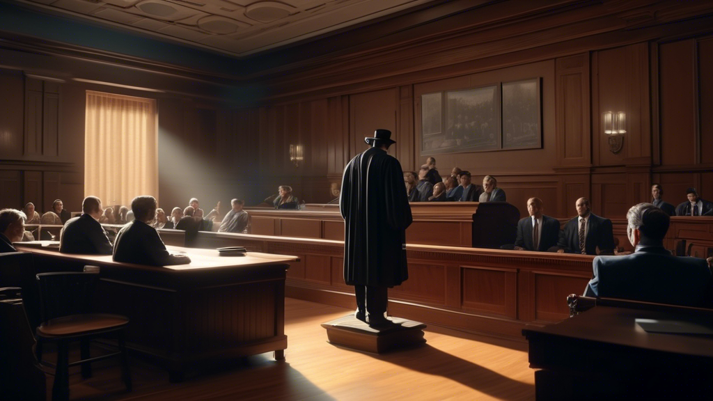An artist's rendition of a courtroom scene during a sealed hearing, with figures depicted as shadowy, anonymous entities to emphasize the secrecy, against the backdrop of a courtroom meticulously deta