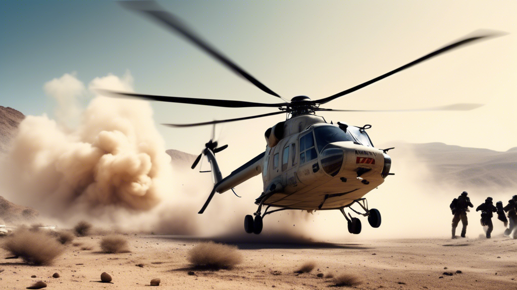 Depiction of a dramatic scene where a helicopter labeled with 'Iran' markings is shown making a hard landing in a rugged desert landscape, with dust billowing around as emergency response teams rush t