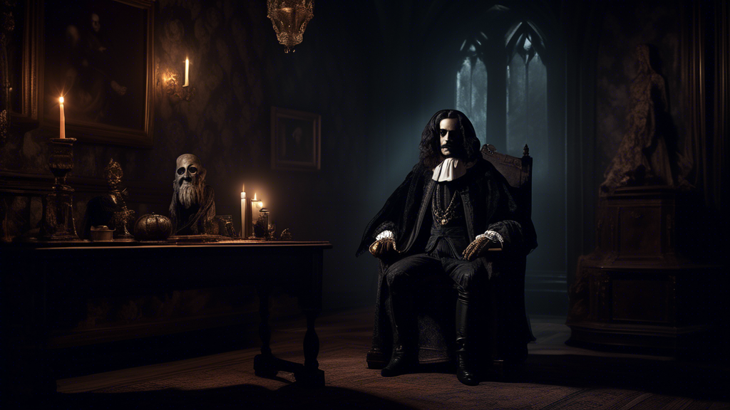 A gothic-style, dimly lit room with King Charles seated pensively. The eerie portrait of him shares uncanny similarities with classic horror film characters subtly integrated into his likeness, enhanc