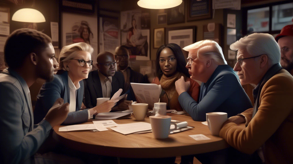 A digital artwork depicting a diverse group of Democratic voters engaged in a lively discussion with a journalist in a cozy coffee shop setting. The scene captures a mix of expressions, from surprise