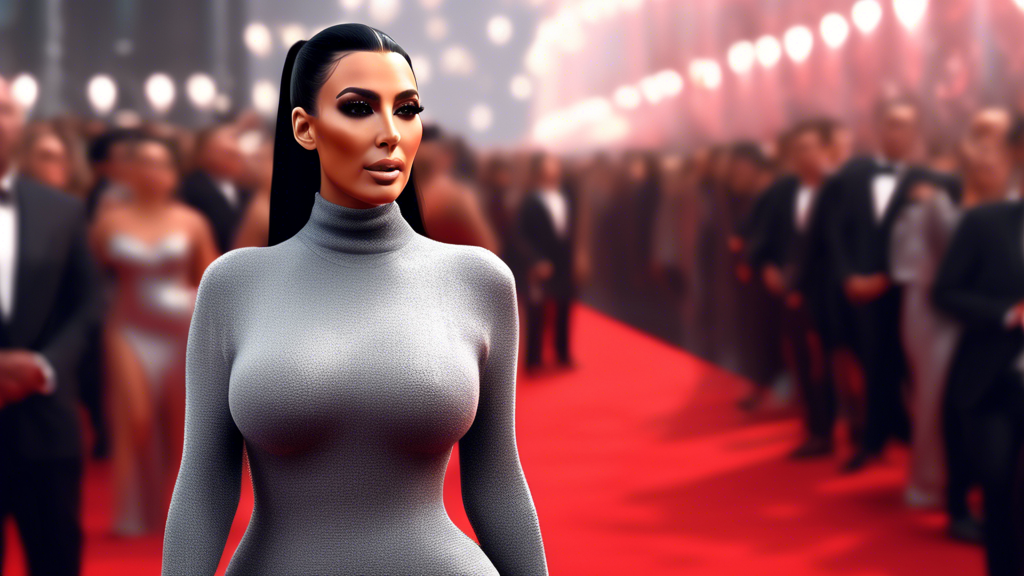 Digital artwork of Kim Kardashian confidently walking on the red carpet at the 2024 Met Gala, elegantly dressed in a sleek, futuristic gray sweater, surrounded by flashes of camera lights and an admir