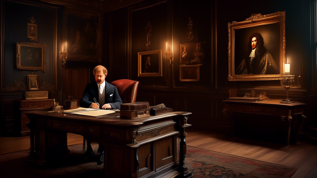 An elegant, antique wooden desk in a dimly lit, opulent royal study with King Charles seated, writing a stern letter, while a portrait of Prince Harry hangs on the wall, reflecting a somber expression