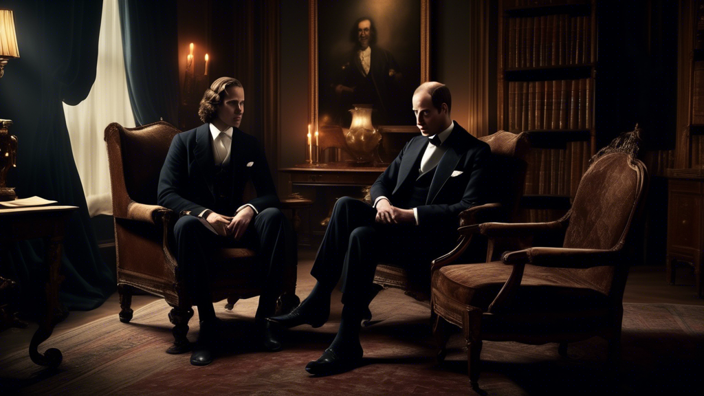 An elegant, somber room with King Charles and Prince William seated in high-backed armchairs, both in dark, formal suits, discussing solemnly with a backdrop of heavy curtains and antique books, under