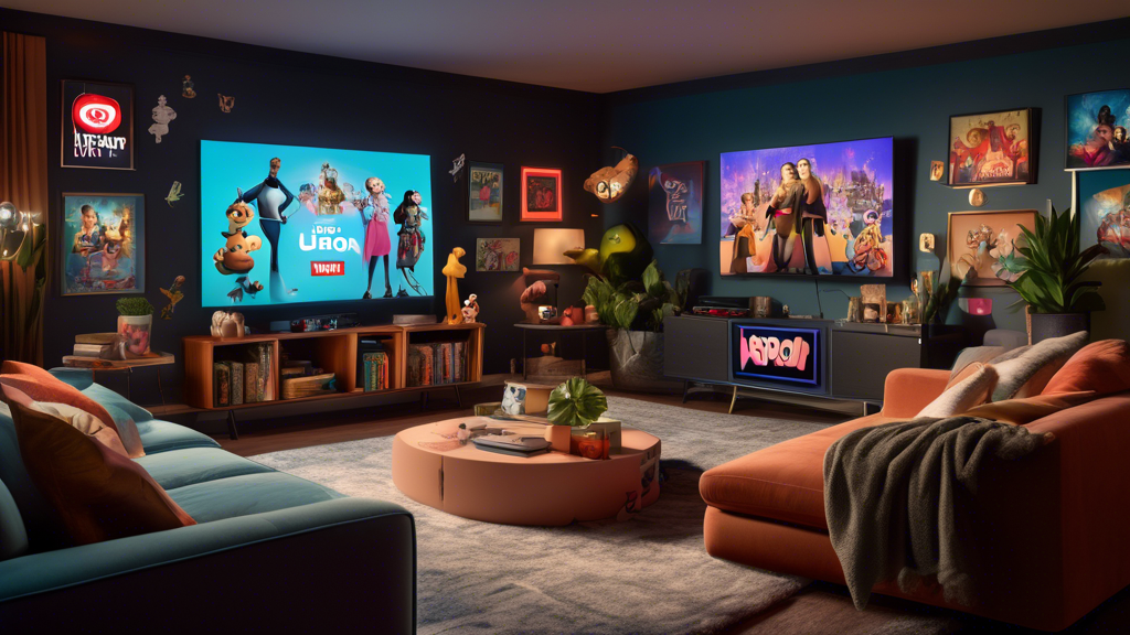 An eclectic living room with five television screens, each displaying a logo from a different streaming service: Disney+, Netflix, Amazon Prime Video, Hulu, and HBO Max. The room is styled with variou