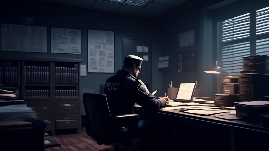 a detailed illustration of a police station with a focused officer sitting at a desk, surrounded by case files and a computer, visibly contemplating a career move, in a moody, noir style setting