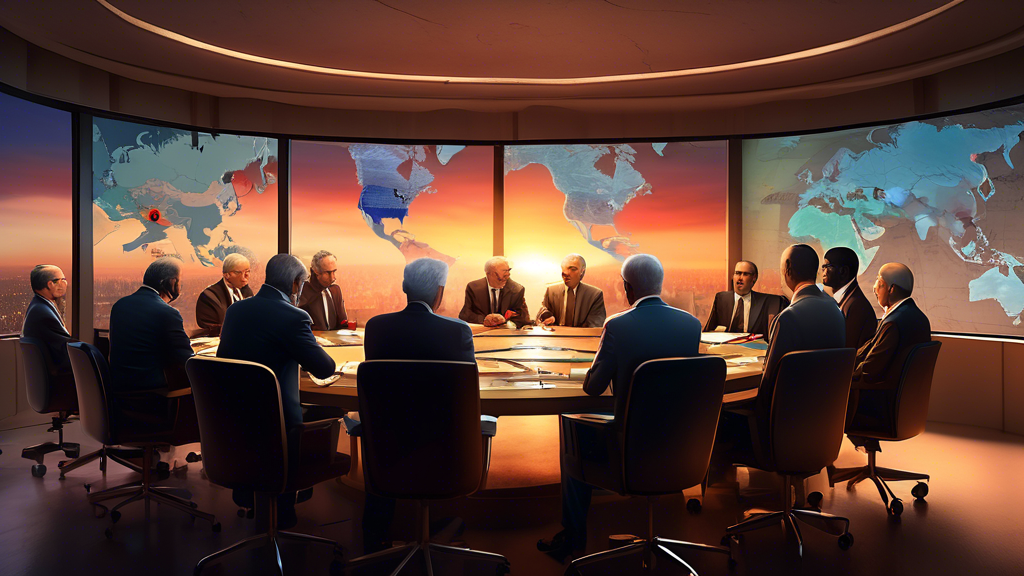 A digital artwork depicting a solemn negotiation room with diverse international diplomats, mediators, and UN officials seated at a round table, discussing a cease-fire, with a digital board displayin