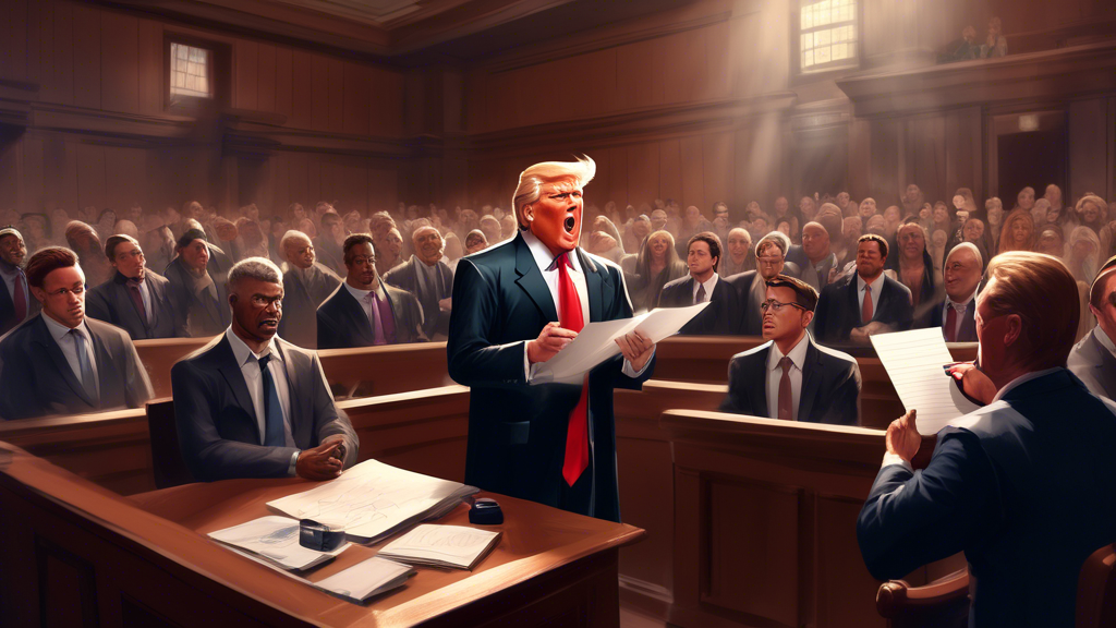 A courtroom illustration showing a judge announcing a verdict of contempt to Donald Trump, with reporters taking notes and a diverse audience with varied reactions in the background.