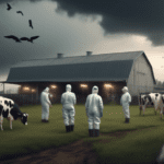 An illustration of a rural dairy farm under a gloomy sky, with veterinarians in biohazard suits examining cows while crows fly overhead.