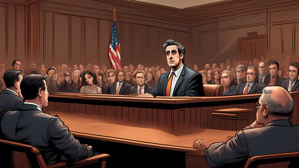 An illustrated courtroom scene showing Michael Cohen giving a testimony with a focused audience and a stern judge, in a style resembling a dramatic, detailed graphic novel.