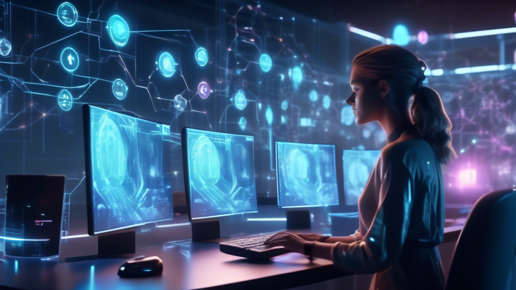 An illustration of a futuristic AI chatbot represented as a holographic assistant interacting with diverse users at a modern, high-tech computer workstation, each user's activity being visually archiv