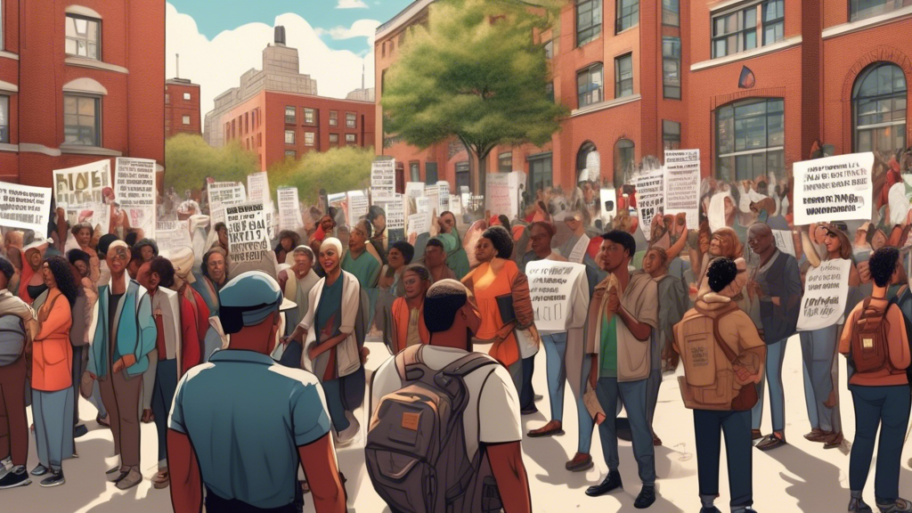 Create a digital illustration of a diverse crowd of demonstrators at a university campus in New York City, with banners supporting Palestine. Some of the individuals in the foreground are clearly olde