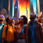 Digital painting of a diverse group of people in New York City's Times Square looking up at the sky with eclipse glasses, marveling at spectacular solar storm flares, with vibrant colors and urban sky