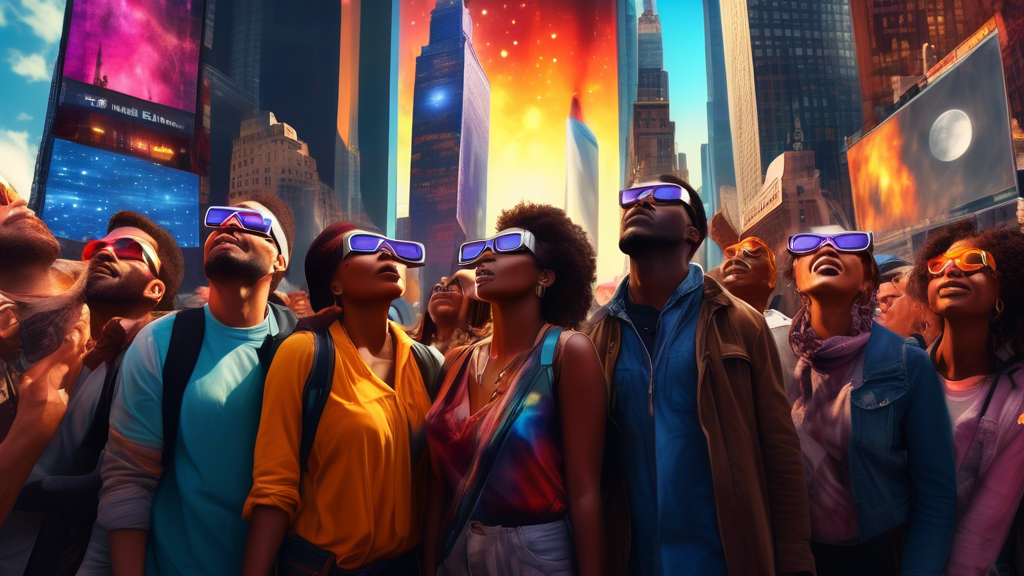 Digital painting of a diverse group of people in New York City's Times Square looking up at the sky with eclipse glasses, marveling at spectacular solar storm flares, with vibrant colors and urban sky