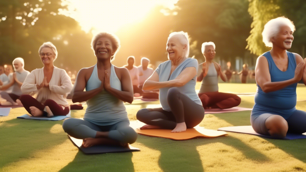 A diverse group of people of different ages and ethnicities joyfully participating in a variety of low-impact exercises, such as swimming, cycling, and yoga, in a scenic park at sunset to prevent knee