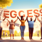 A digital illustration of a diverse group of happy people of various body types standing together, holding a large banner that reads Wegovy: 4 Years of Sustained Success! with a background of a sunny