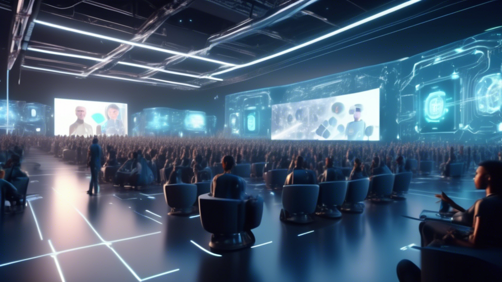 An artistic depiction of a futuristic Google I/O conference with various AI technologies being revealed; included are humanoid robots, virtual reality experiences, and large digital displays in a high