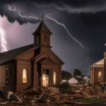 An evocative scene depicting a small Pennsylvania town as a tornado descends in the background, with the focus on a quaint, historic church where a service is ongoing. This chaotic yet poignant moment