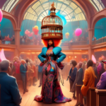 A surreal image of a colorful and whimsical courtroom scene in the Netherlands, with a judge wearing traditional Dutch attire and a small crowd of animated, diverse spectators. In the foreground, a st