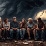 A digital painting depicting a group of survivors in Portage, Michigan, sharing their emotional stories while sitting in a shelter, the background showing a heavily damaged cityscape with dark, swirli