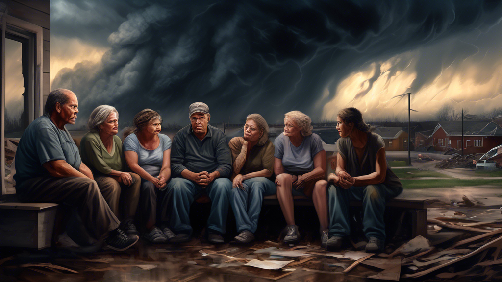 A digital painting depicting a group of survivors in Portage, Michigan, sharing their emotional stories while sitting in a shelter, the background showing a heavily damaged cityscape with dark, swirli