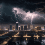 An intense digital artwork of a dramatic and foreboding skyline over Orlando, with dark, swirling storm clouds and visible lightning, hinting at an imminent tornado threat. The cityscape below is illu