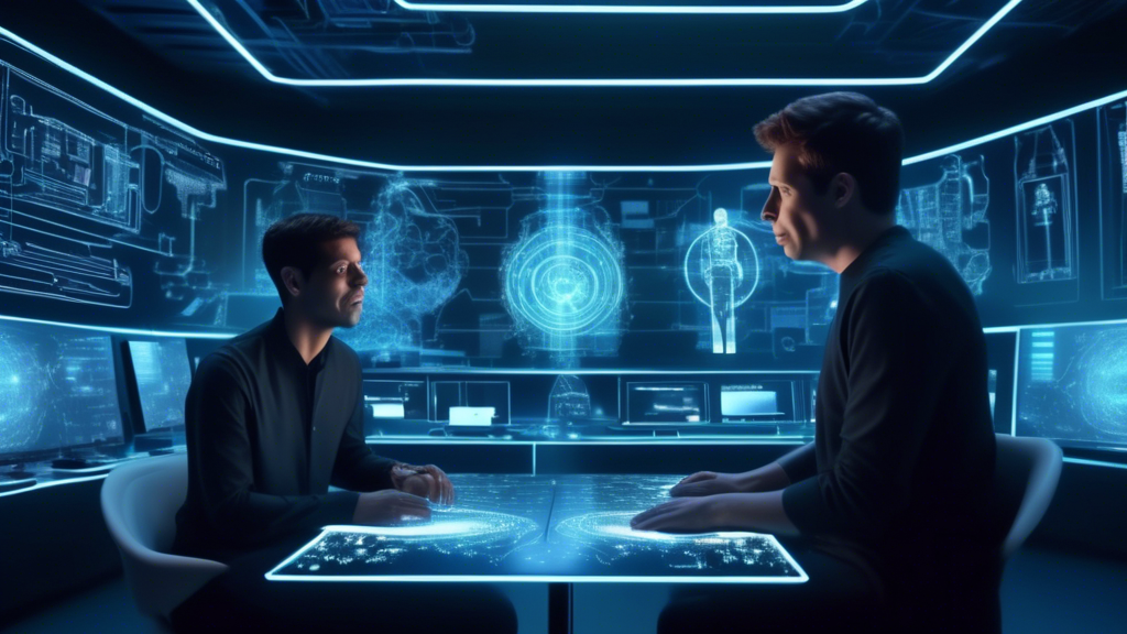 An imaginative digital artwork of Prafulla Dhariwal brainstorming with Sam Altman in a futuristic AI lab, surrounded by advanced computers and holographic displays showing code and AI models, with GPT