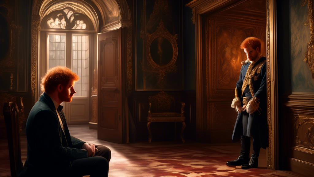An emotional digital painting of a young man with red hair, resembling Prince Harry, sitting alone in a dimly lit, ornate room, his face buried in his hands, while an older, regal-looking man resembli