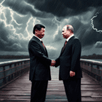 An artistic rendering of a symbolic meeting between Vladimir Putin and Xi Jinping, standing together on a bridge over a turbulent river, with storm clouds representing U.S pressure looming in the back