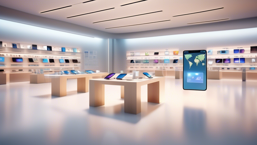 An illustrative concept image depicting a sleek, modern Apple Store with a global map hologram displaying countries highlighted for eSIM-only iPhone expansion, surrounded by various models of iPads an