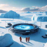 An artistic depiction of a futuristic research station on the icy landscape of Greenland, with scientists using advanced GPS equipment to measure the melting ice, showing digital screens displaying re