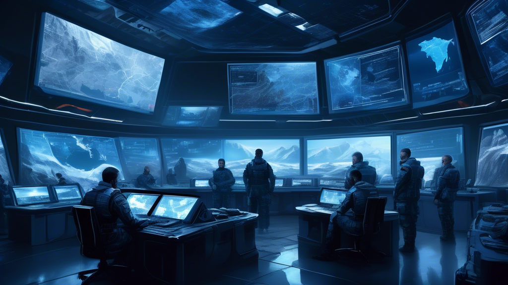 A digital painting of a somber, futuristic command center bustling with uniformed military personnel monitoring screens displaying tactical maps and data, with a tense atmosphere highlighted by dim, b