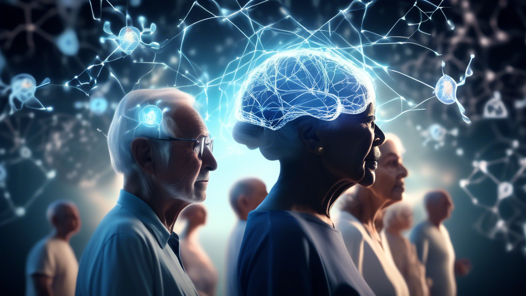 An artistic depiction of a diverse group of elderly people's silhouettes with glowing brain connections, illustrating the discovery of a new genetic type of Alzheimer's linked with a common risk facto