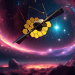 Artistic rendition of the James Webb Space Telescope observing the luminous, swirling formation of three newborn stars in a vibrant, color-rich nebula, with the distant backdrop of the cosmos filled w