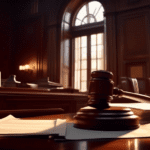 An artistic interpretation of a courtroom, focusing on a judge's gavel and legal documents strewn across a rich mahogany desk, with the ambient glow of morning light streaming through grand courthouse