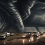 A dramatic scene of multiple tornadoes touching down simultaneously in an expansive Oklahoma landscape during late afternoon, with dark swirling clouds overhead and emergency response teams in action.