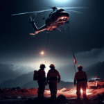 A dramatic digital artwork depicting a somber nighttime scene with emergency services investigating the remains of a helicopter crash in a remote, mountainous area, illuminated by floodlights and flar