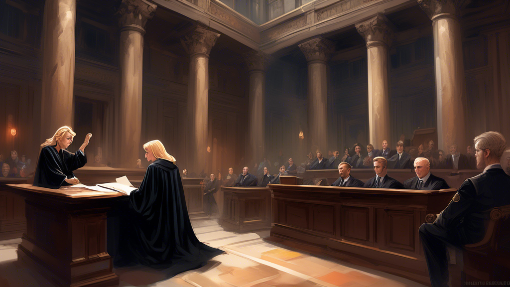 A digital painting of a formal courtroom setting, with a central figure: a judge in a black robe sitting at an elevated bench, surrounded by legal books and a gavel, and a concerned woman with styled