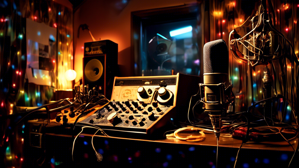 An artistic tribute to Steve Albini, featuring a serene recording studio filled with iconic elements from the alternative rock era. The image captures a vintage microphone and a reel-to-reel tape reco