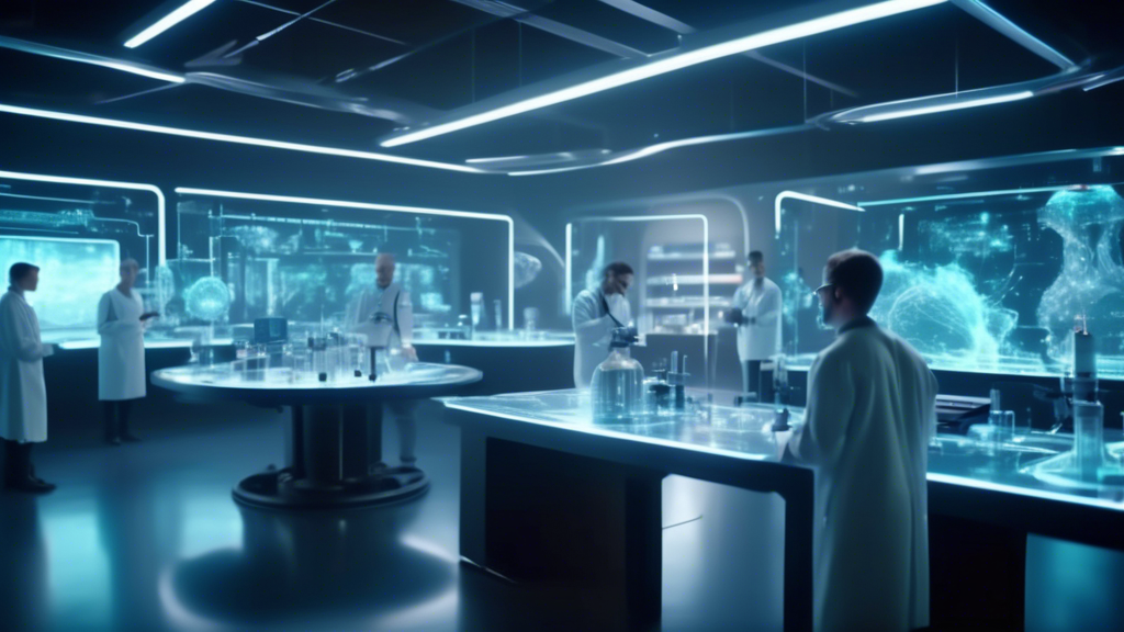 An artistically rendered futuristic lab with scientists using advanced holographic displays to create and manipulate detailed, long-range scenes in both still images and videos, showcasing self-attent
