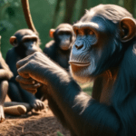 A wise old chimpanzee teaching a group of young chimpanzees how to use tools effectively in a lush, sunlit African forest setting.