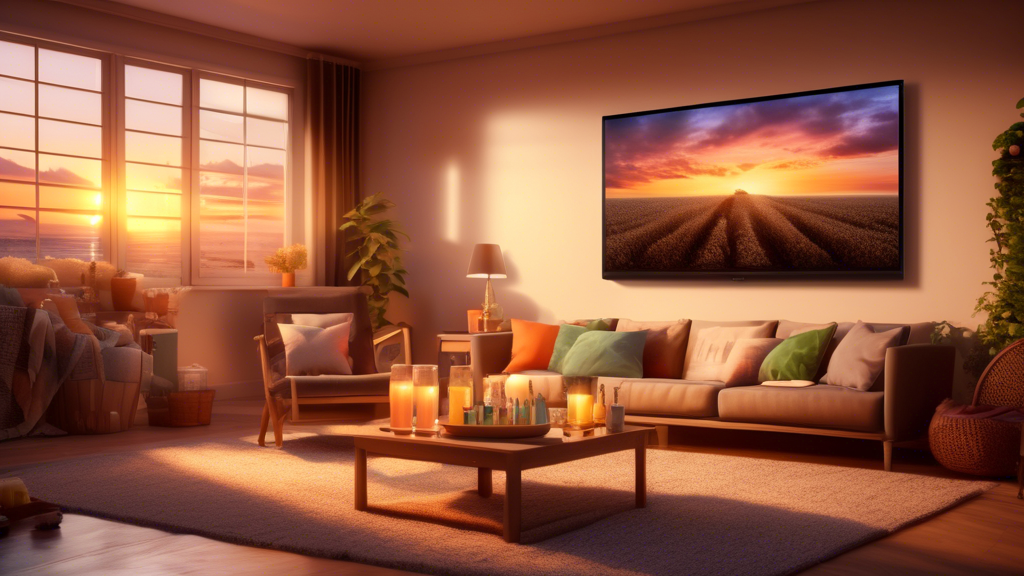 Cozy living room at sunset, with a large TV screen showing a collage of new summer movie posters, inviting couch with popcorn and drinks, and a family gathered together happily.