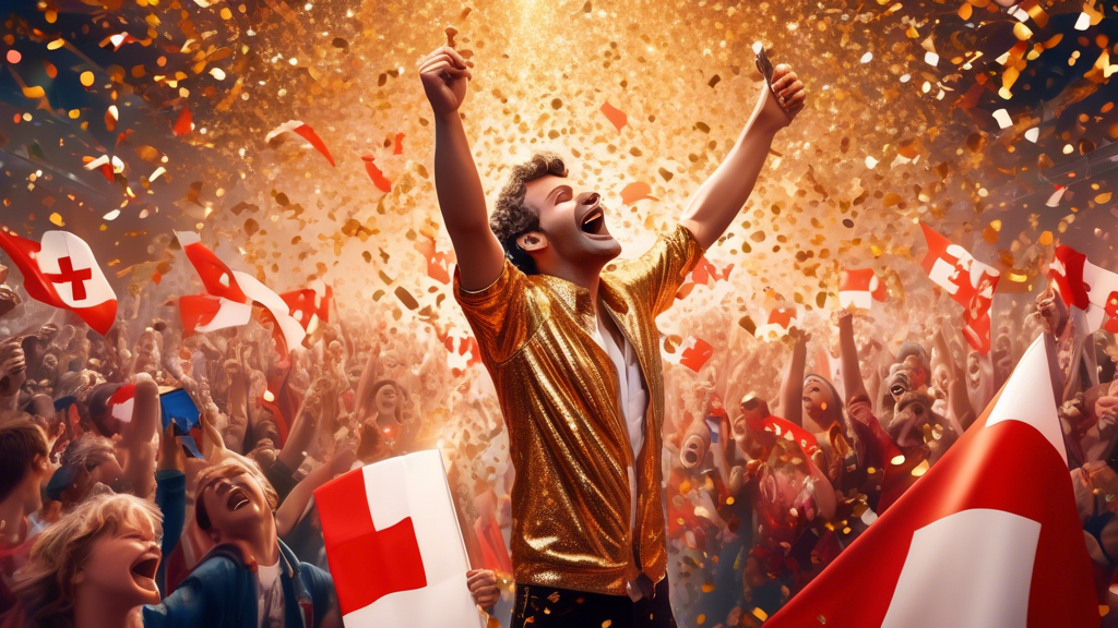 Digital artwork capturing the emotional moment Swiss singer Nemo raises the Eurovision trophy on a vibrant stage, surrounded by thrilled fans and a dazzling display of Swiss flags, under a cascade of