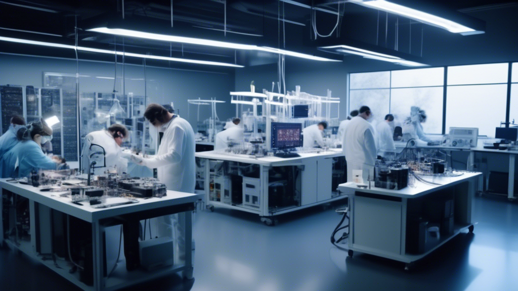 An advanced microchip fabrication lab with scientists and engineers working on the new Tensor G5 processor for the upcoming Pixel 10 smartphone.
