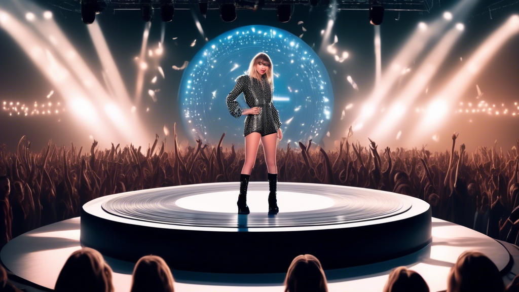 An artistic representation of Taylor Swift and Billie Eilish standing on a giant vinyl record, with Taylor higher up a graphical chart made of musical notes, under a spotlight on a concert stage setti