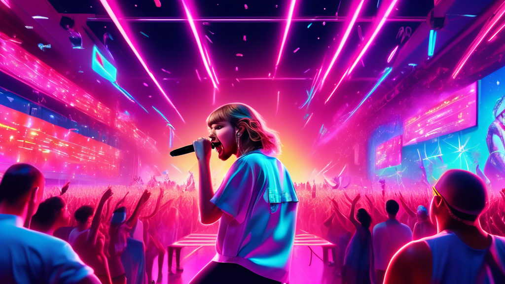 Digital artwork of Taylor Swift and Post Malone performing on a vibrant, futuristic stage with neon lights and holograms, celebrating their song 'Fortnight' maintaining its No. 1 position on the Billb