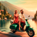 Digital artwork of Taylor Swift and Travis Kelce enjoying a sunset boat ride on Lake Como, surrounded by lush green hills and elegant villas, with a vintage Italian scooter parked nearby.