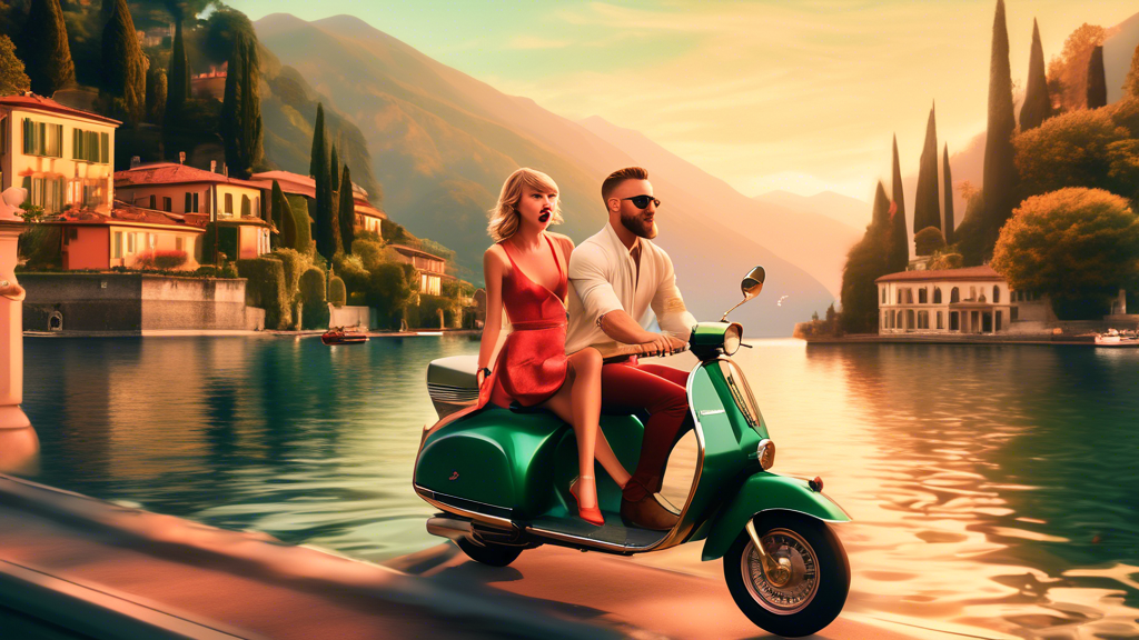 Digital artwork of Taylor Swift and Travis Kelce enjoying a sunset boat ride on Lake Como, surrounded by lush green hills and elegant villas, with a vintage Italian scooter parked nearby.