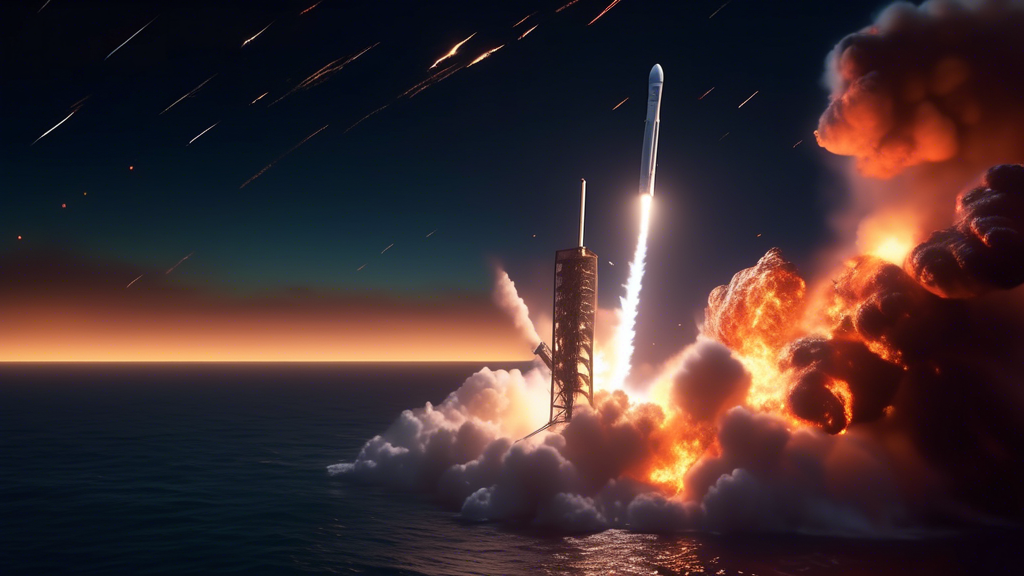 An artistic depiction of a SpaceX rocket launching 20 Starlink satellites into the night sky, brilliantly illuminated by the vibrant flames of the rocket's engines, with the Pacific Ocean and the Cali