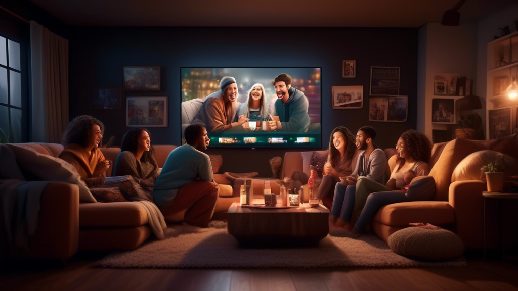 Cozy living room at night, a diverse group of friends sitting on a comfortable sofa, laughing and watching movies on a large screen TV, snacks and drinks on the coffee table, posters of popular movies